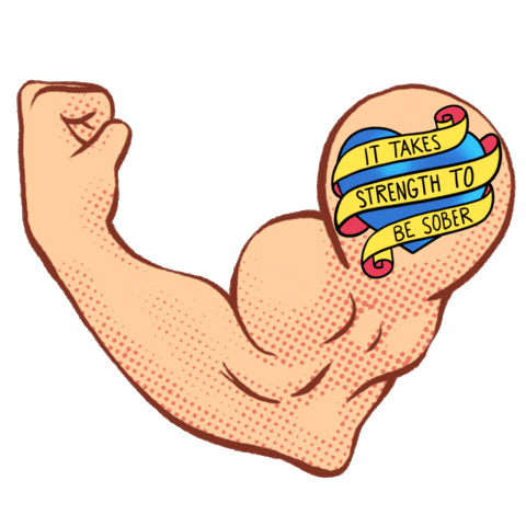 Digital art gif. Animation of a comic book-style arm, flexing its large bicep muscle. On the upper bicep is a colorful heart tattoo with the text, "It takes strength to be sober."
