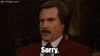 Movie gif. Will Ferrell as Ron Burgundy in Anchorman looking uncomfortable but unemotional, blinking and saying "Sorry."