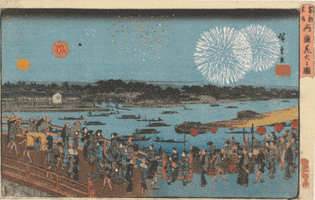 Illustrated gif. Animated fireworks erupt over a print of Hiroshige's Fireworks at the Ryōgoku Bridge which depicts a procession of people along the bridge over the Sumida River.