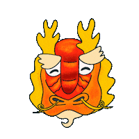 Sticker gif. Head of a red orange and gold Chinese dragon open their mouth to the heavens and breathing fire.