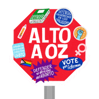 Digital art gif. Flashing stop sign with many stickers, including a book, a pencil, a fist, a sign of Venus, and a Quasar Pride flag. Text, "Alto a Oz, Defender la educación pública, Defender los derechos de los trabajadores, Defender los derechos del colectivo LGBTQ, Defender el derecho del aborto, Vote por Fetterman."