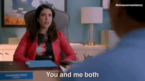 TV gif. Sitting behind her desk, Nicole Power as Shannon on Kim’s Convenience shakes her head in agreement and says, “You and me both.”