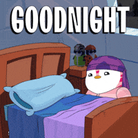 Kawaii gif. Pudgy penguin grabs their blanket and flops into bed with the blanket covering their top half. Text, "Goodnight."