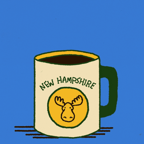 Digital art gif. White and green mug full of coffee featuring a moose head labeled “New Hampshire” rests over a blue background. Steam rising from the mug reveals the message, “Vote early.”