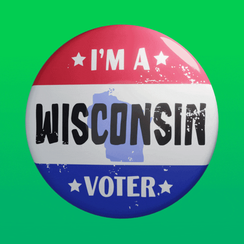 Digital art gif. Round red, white, and blue button featuring the shape of Wisconsin spins over a lime green background. Text, “I’m a Wisconsin voter.”