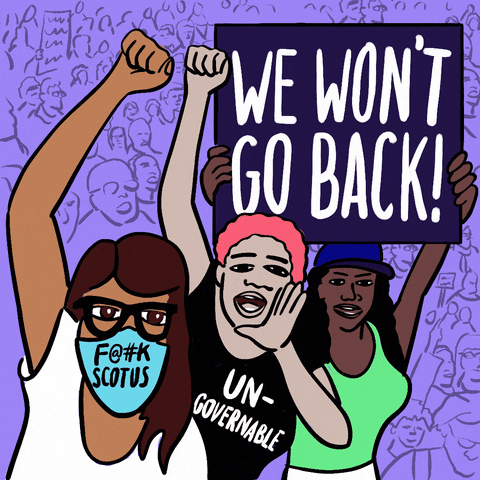 Digital art gif. Three cartoon women of different races raise their fists and cup their hands around their mouths, shouting passionately. Woman in the front wears a mask that says "fuck S-C-O-T-U-S." Woman in the middle's t-shirt reads, "un-governable." Woman in the back holds a sign over her head that reads, "We won't go back." In the background are purple illustrations of people in a large crowd.