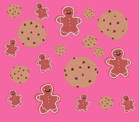 Digital art gif. Several smiling gingerbread men dance amongst chocolate chip cookies against a pink background.