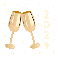 Sticker gif. Two golden champagne glasses clink together and next to glasses has vertical text that says, '2024' with golden sparkles shining.