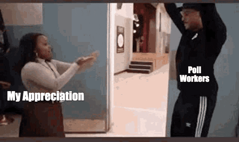Video gif. Woman labeled “My appreciation” claps her hands at a man who dances with seductive humor labeled “Poll workers.”