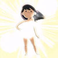 Cartoon gif. Beth Tezuka from Bravest Warriors is standing proudly naked as her hair flies in the wind. A huge ethereal glow emits from her body, shielding her from view.