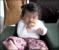Video gif. Toddler girl's face is scrunched up in agony and disgust as she grips onto a lemon slice.