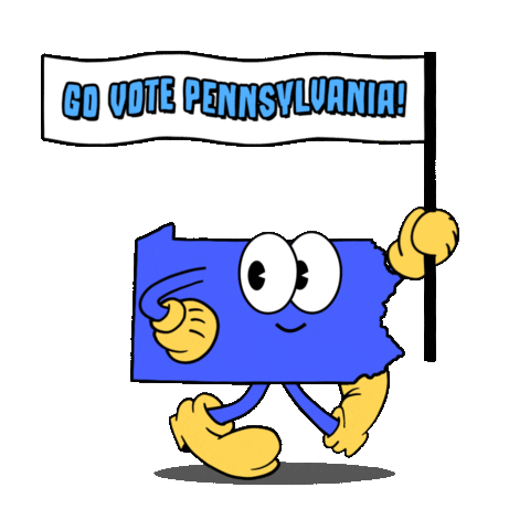 Digital art gif. Blue shape of Pennsylvania smiles and marches forward with one hand on its hip and the other holding a flag against a transparent background. The flag reads, “Go vote Pennsylvania!”