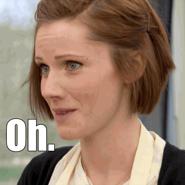 Reality TV gif. A contestant on The Great British Baking show. Their expression gradually changes as a smile grows and her eyes start to well up tears as she says, “oh.”