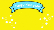 Illustrated gif. Smiling bee with teal wings flashes on a bright yellow background beneath a banner that reads, "Happy New Year."