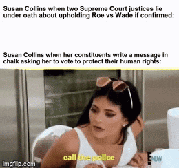 Kardashians gif. Kim Kardashian in "Keeping Up With the Kardashians" speaks gravely into a phone, saying, "Call the police," as a young Kylie Jenner looks on in fear. Text, "Susan Collins when two Supreme Court justices lie under oath about upholding Roe versus Wade if confirmed [colon]. Susan Collins when her constituents write a message in chalk asking her to vote to protect their human rights [colon]."