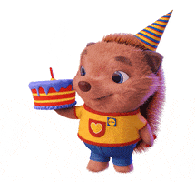 Ad gif. 3D-animated hedgehog, carrying a cake and wearing a birthday hat and a Lidl shirt, smiles and blows on a roll-out party horn.