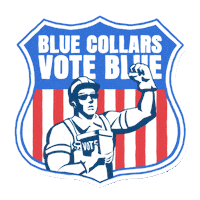 Digital art gif. Inside a crest shape is a cartoon of a strong construction worker wearing a hard hat and flexing his bicep, holding a ballot box in his other hand. In the background of the crest are red and white stripes and a blue area, designed to look like the American flag. In the blue space, text reads, "Blue collars vote blue."