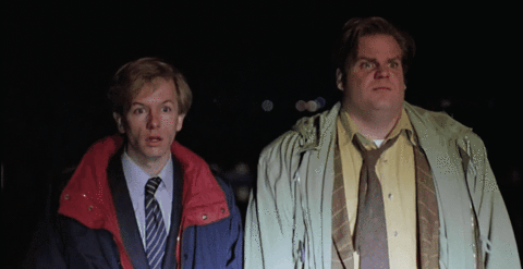 Movie gif. Chris Farley as Tommy and David Spade as Richard in Tommy Boy. They stare at something in awesome shock and Tommy emphasizes each word as he says, "That. Was. AWESOME!" Tommy bends over and laughs gleefully and looks at Richard.