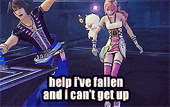 Video game gif. Two characters from Final Fantasy tumble to the ground. Text, "Help I've fallen and I can't get up."