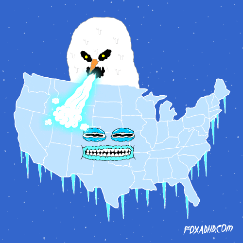 Digital art gif. A snow Godzilla is peering over a map of the United States and is blowing frosty ice all over, freezing the land.