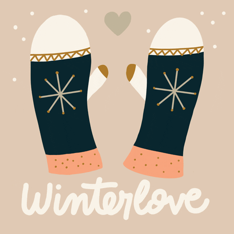 Illustration gif. Two mittens with snowflake patterns dancing on them. Above the two mittens is a heart. Text, “Winter Love.”