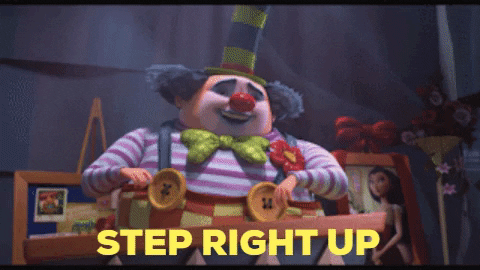 Cartoon gif. Chesterfield the clown from The Animal Crackers Movie says "Step right up and see the biggest clown of all!"