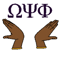 Illustrated gif. Deep brown hands throwing hooks under the Greek letters for Omega Psi Phi in purple. Text, "Vote!"