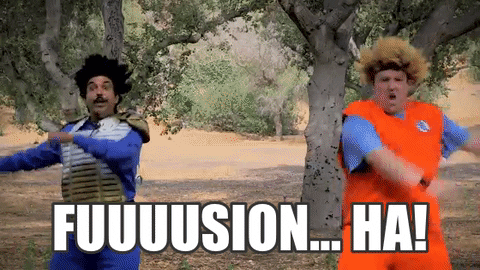 Video gif. Two men dressed as Dragon Ball-Z characters creating a triangle with their bodies, transforming into one combined being. Text, "fuuuusion...Ha!"