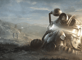 Text gif. From the video game Fallout, an unnerving, futuristic gas mask sits in a dystopian landscape, a message appears reading "Not my future."