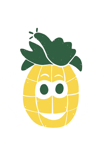 Illustrated gif. A smiling pineapple-shaped emoji pulsates and its green fronds of hair are shaped like a thumbs-up.