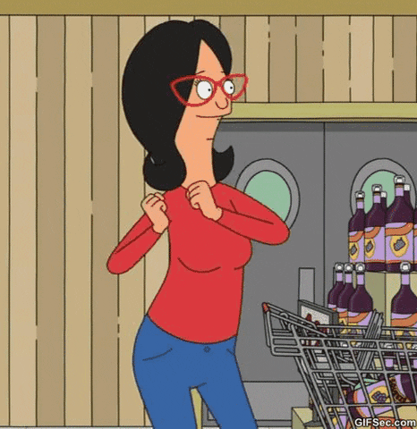 Cartoon gif. Linda Belcher from Bob's Burger is smiling and doing a little happy dance as she waves her arms and hips around in the same direction.