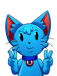 Cartoon gif. Bingo Blitz a blue cat crosses its fingers and smiles wide. A speech bubble appears, "Good Luck."