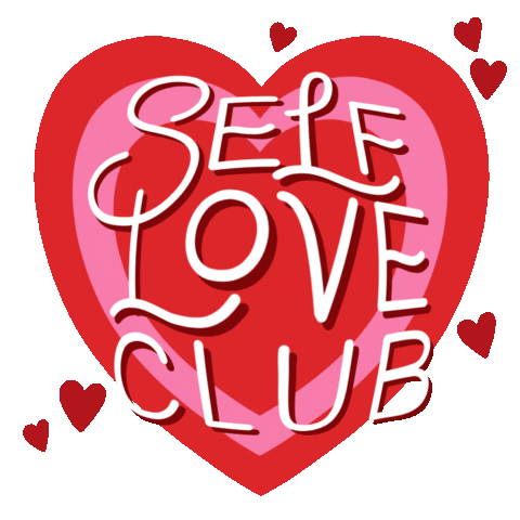 Text gif. Big, red-and-pink heart beats hard enough to disturb the words "Self-love club."