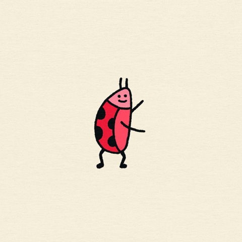 Illustrated gif. A red ladybug dances upright with bouncy knees and its arms and antennae waving. 
