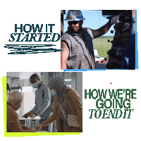 Digital art gif. Photo of a workman operating an oil derrick beside the text, "How it started," and a photo of a woman entering a polling place beside the text, "How we're going to end it."