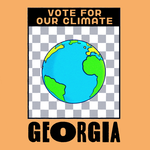 Digital art gif. Earth spins in front of a grey and white checkered background framed in a light orange box. Text, “Vote for the climate. Georgia.”