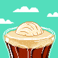 Illustrated gif. Polar bear happily bobs belly-up on the top of a rootbeer float, then flips forward so his back resembles a scoop of ice cream