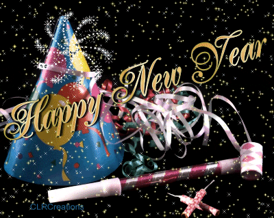 Digital art gif. A party hat, ribbon, and noisemaker on a starry background with fireworks circling over. Text, "Happy new year."