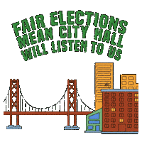 Digital art gif. Moving animated scene that takes us from the Golden Gate Bridge through buildings of the Bay area, with animated lightbulbs bouncing around, ending at Oakland City Hall. Text, "Fair elections mean City Hall will listen to us."