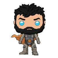 Sticker gif. Funko Pop action figure of Stilgar from Dune 2 looking around from side to side, then shrugging and shaking his head.