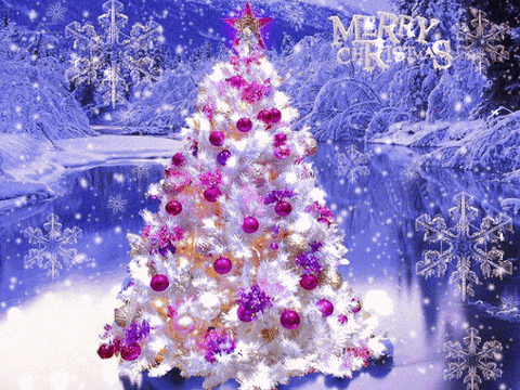 Video gif. Lights glitter on an image of a white flocked Christmas tree with fuschia ornaments. It stands at the edge of an icy lake with snow laden trees while glistening snowflakes hovering in the air. Text, "Merry Christmas."