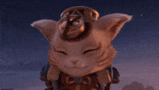 Video game gif. Teemo from League of Legends grins and walks into a temple that's decorated with Chinese New Year decorations. A bunch of small Teemos run up and jump on them in a big hug.