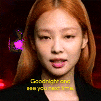 Video gif. Jennie from Blackpink tilts back her head with a confident expression and says, "Goodnight and see you next time" as neon red lights flash behind her.
