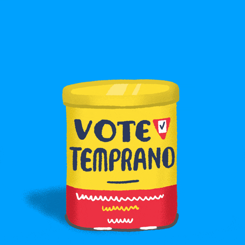 Digital art gif. Hands holding a checkmark pop out of a yellow coffee can reminiscent of Café Bustelo on a blue background. Text, "Vote temprano."