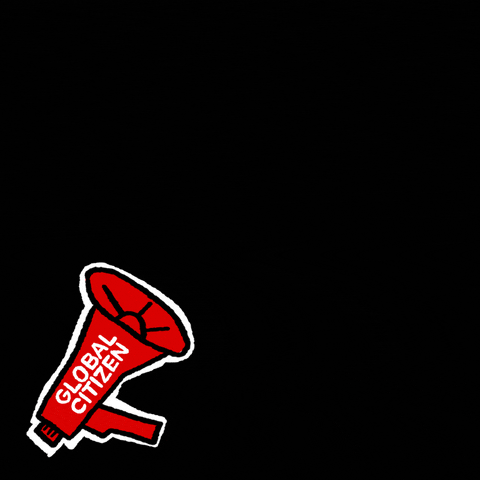Digital art gif. Shout bubble emerges from a red megaphone labeled “Global Citizen” against a black background. Text, “Raise your voice and defend advocacy.”
