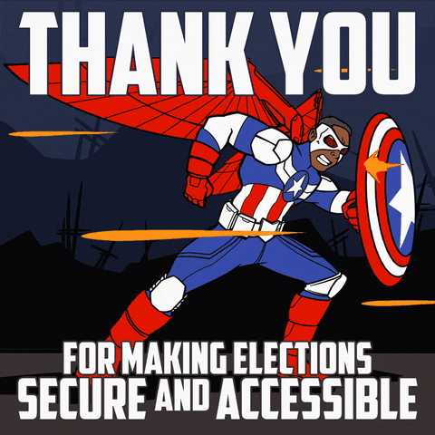 Digital art gif. Black superhero dressed in a Captain America suit with red wings holds up his shield in defense as bullets fly past him against a nightscape. Text, “Thank you for making elections secure and accessible.”