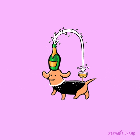 Digital art gif. Light brown dachshund in a black party dress struts as she balances a bottle of champagne on her head, which pours in a continuous arch into a champagne glass on her rear end.
