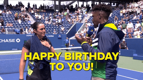Sports gif. Reporter speaks into a microphone as Ons Jabeur starts to smile on the US Open court. She breaks into laughter, then smiles even wider. Text reads, "Happy birthday to you!'