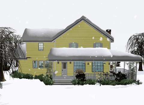 Video game gif. Snow falls gently over a two-story yellow house with a wrap-around porch in The Sims.