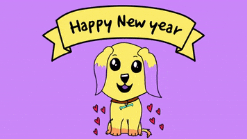 Illustrated gif. Butter yellow dog with lilac tipped ears smiles beneath a banner that reads, "Happy New Year."